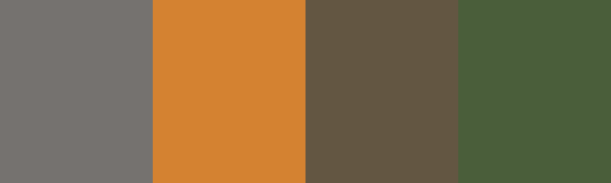Four-color swatch preview for 365 Cultural Color Palettes #059, Angkor, Cambodia: Temple Stone, Monk Orange, Root Brown, Jungle Moss.