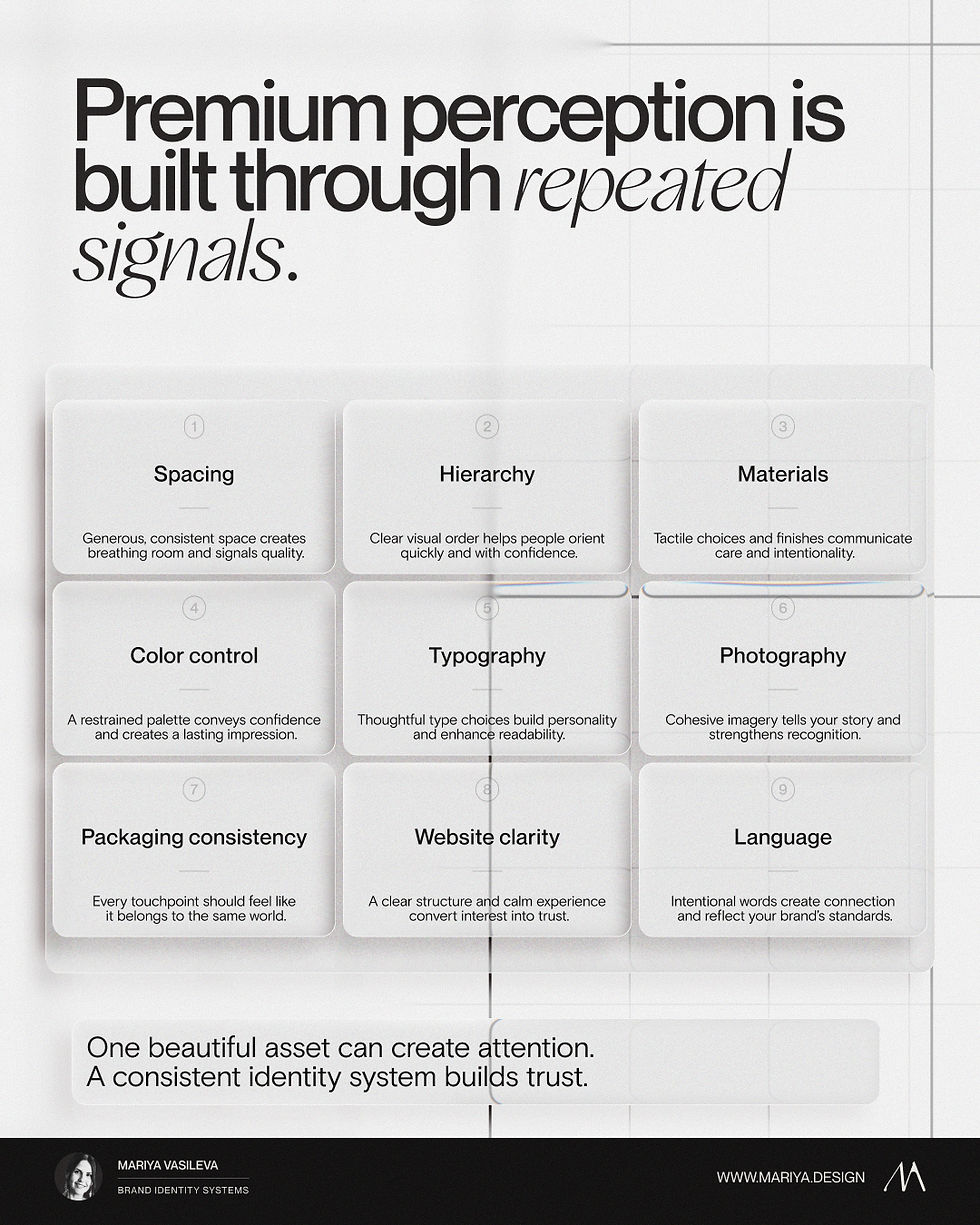 Premium brand perception visual showing how spacing, hierarchy, materials, color control, typography, photography, packaging, website clarity, and language build trust.