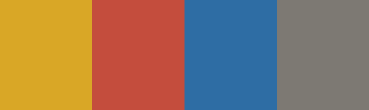 Four-color swatch preview for 365 Cultural Color Palettes #076, Copenhagen, Denmark: Nyhavn Yellow, Red, Harbor Blue, Cobblestone.