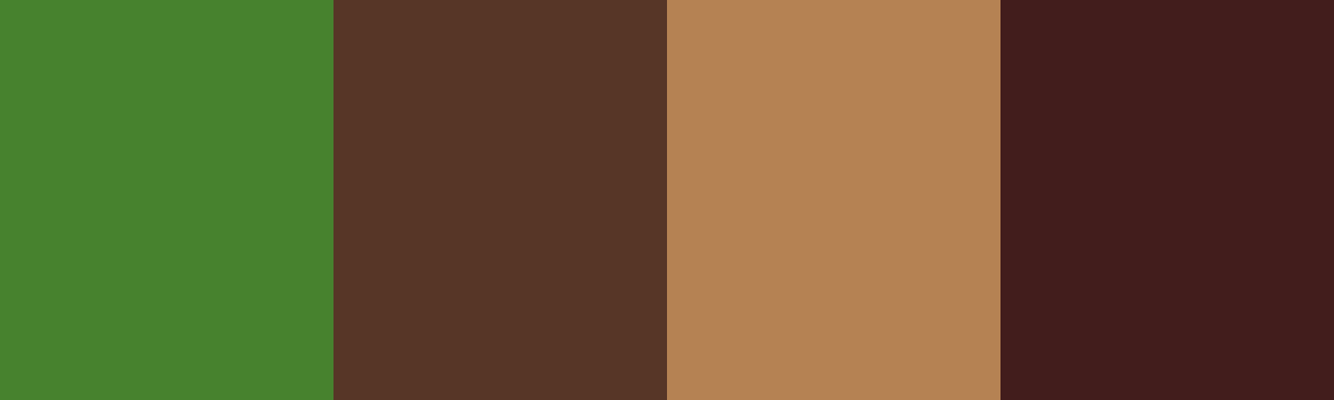 Four-color swatch preview for 365 Cultural Color Palettes #112, Bwindi, Uganda: Tea Green, Volcanic Soil, Wicker Gold, Coffee Cherry.