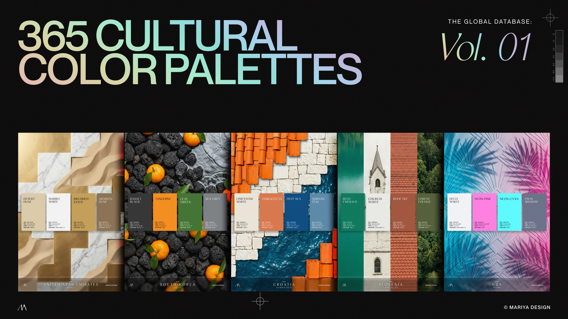365 Cultural Color Palettes Vol. 01 by Mariya Design, a global color archive with 105 palettes including HEX, RGB, CMYK, and Pantone references.