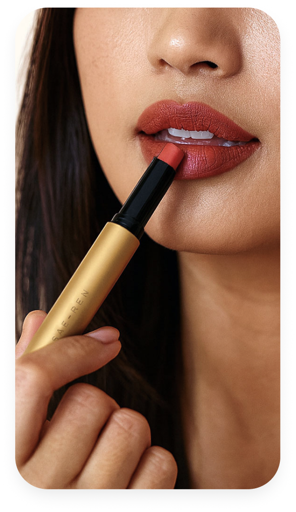 SAE-REN AI launch image of a model applying lipstick