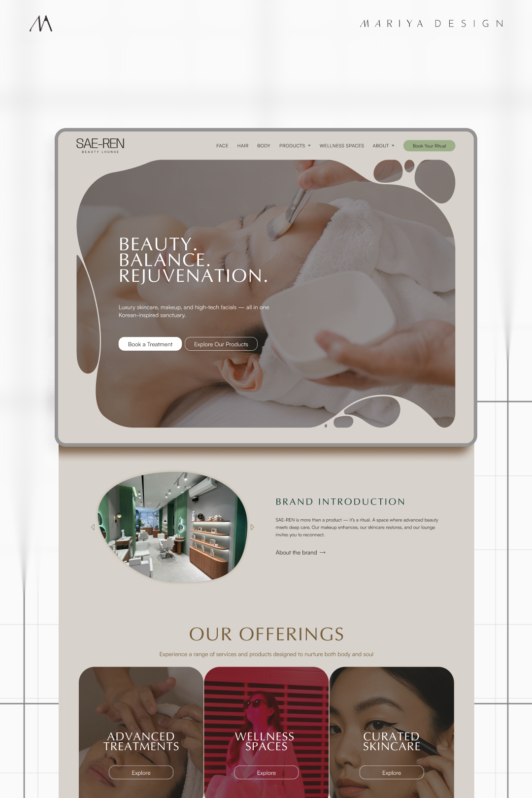 SAE-REN homepage design with beauty lounge introduction, offerings and skincare navigation