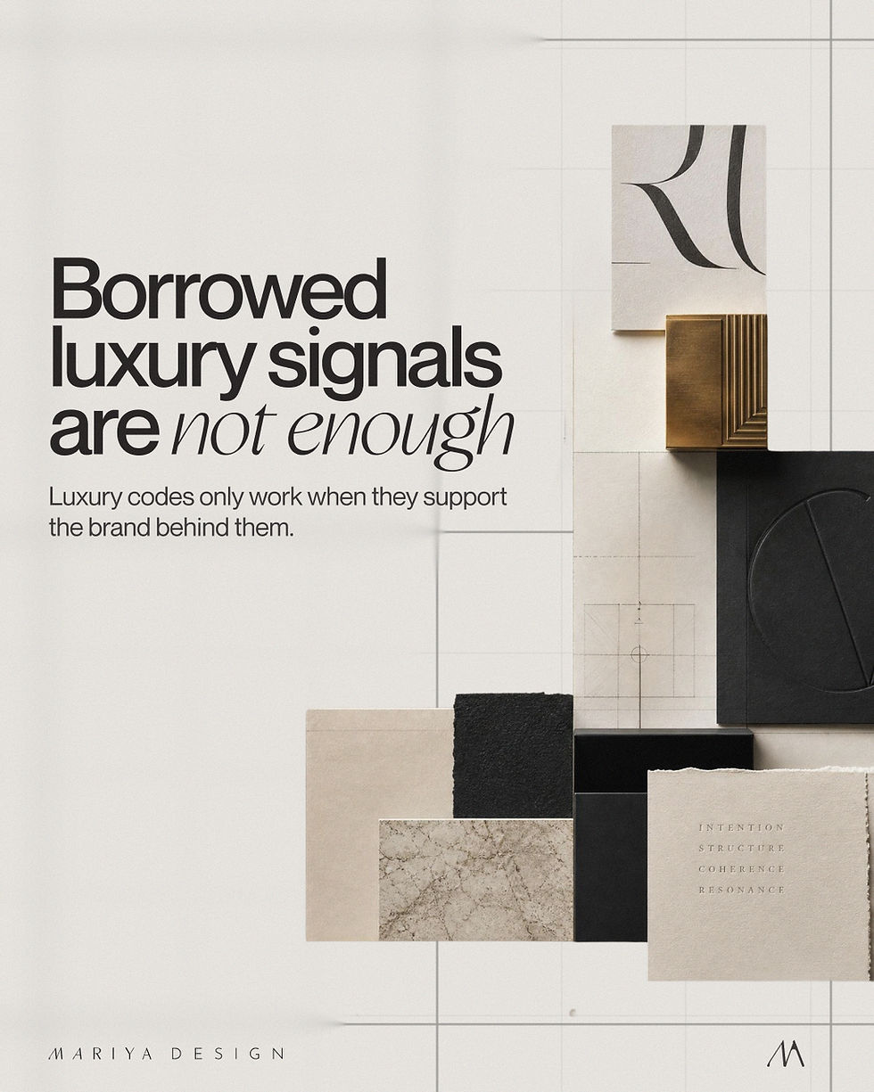 Luxury brand identity visual showing that borrowed luxury signals like gold, serif typography, muted colors, and minimal layouts need brand strategy and visual alignment to feel credible.