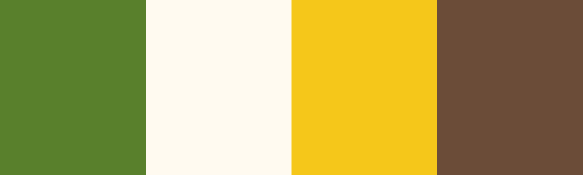 Four-color swatch preview for 365 Cultural Color Palettes #037, Coral Coast, Fiji: Palm Frond, Frangipani, Pollen Gold, Coconut Husk.