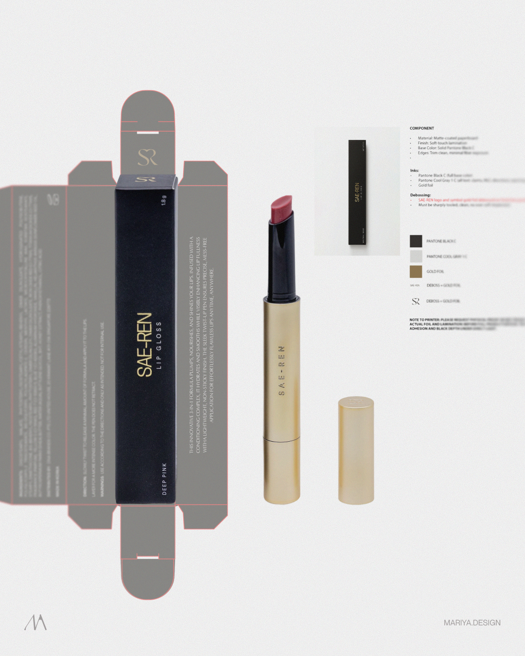 SAE-REN CAROUSEL 4x5 Slide 3: lip gloss carton artwork, materials and finishing notes