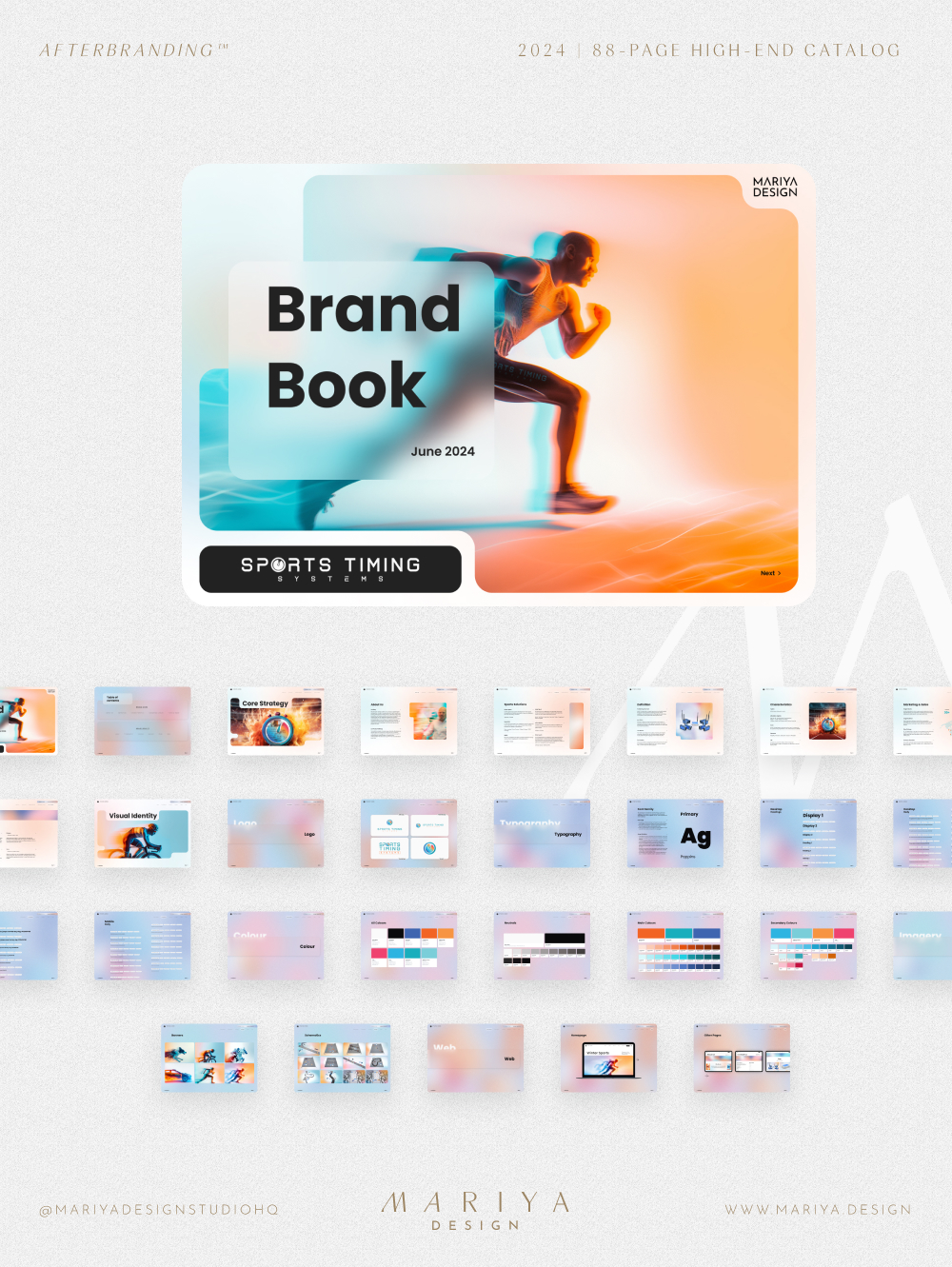 Sports Timing Systems 2024 brand book with typography, color, imagery and application pages
