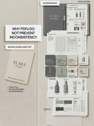 Brand guidelines PDF compared to a structured brand system showing tokens, components, applications, and governance for consistent brand execution