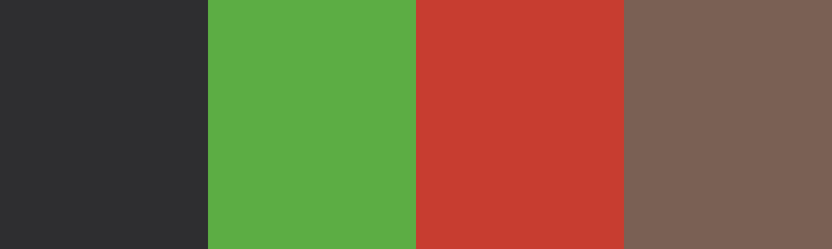 Four-color swatch preview for 365 Cultural Color Palettes #145, Tenerife, Spain: Volcanic Black, Banana Green, Mojo Red, Teide Brown.