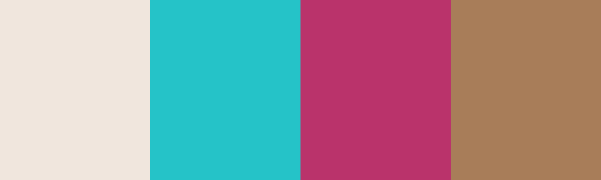 Four-color swatch preview for 365 Cultural Color Palettes #118, Coral Coast, Fiji: Fiji Sand, Reef Cyan, Hibiscus Pink, Palm Wood.
