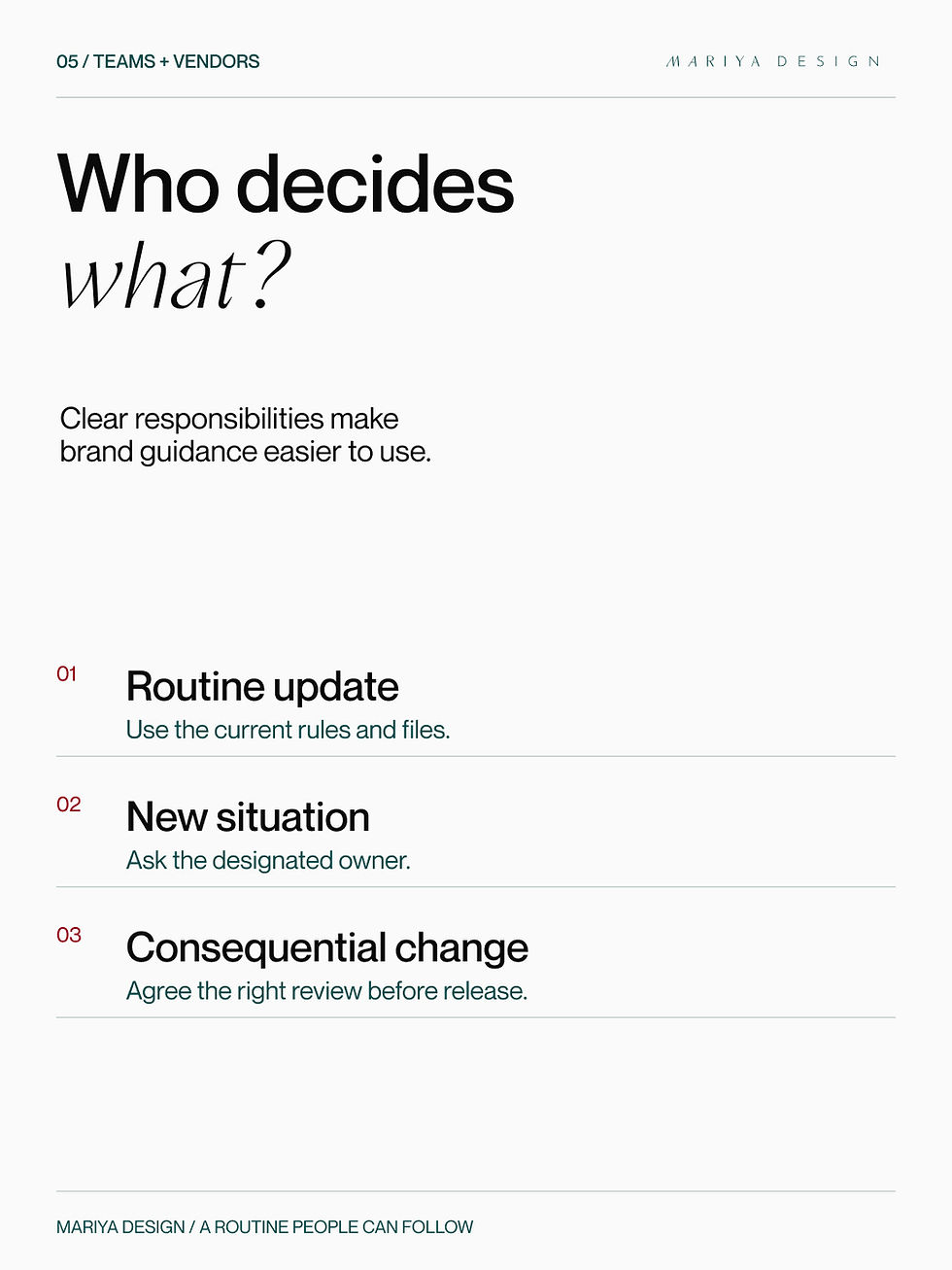 Who decides what? Brand responsibilities divided into routine updates, new situations, and consequential changes.