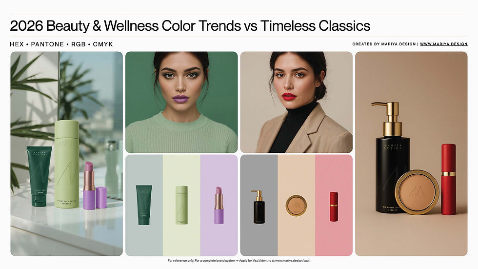 2026 Beauty and Wellness Color Trends vs Timeless Classics guide showing trend palettes, timeless beauty packaging colors, and HEX, Pantone, RGB, and CMYK references.