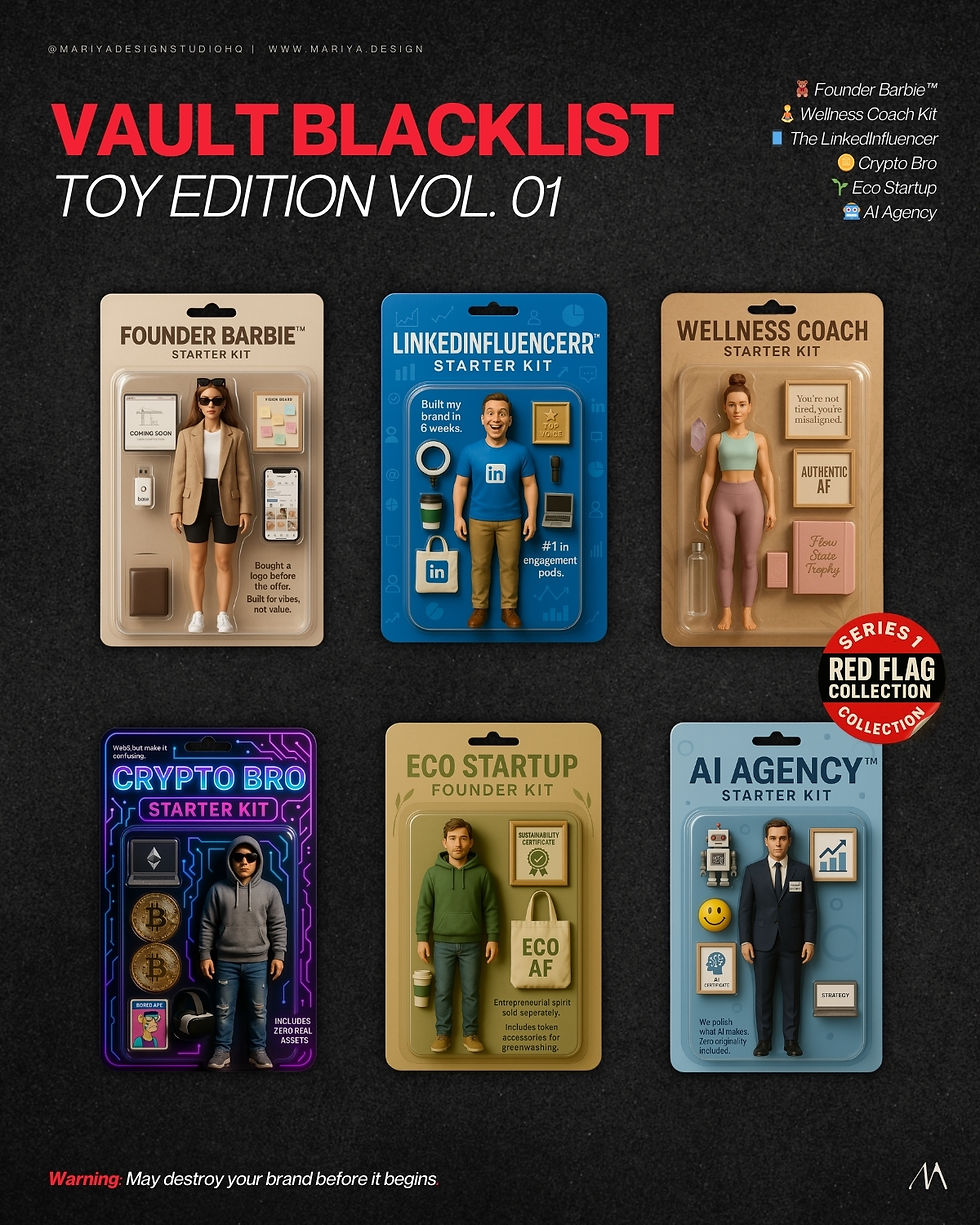 Grid of all six toy kits on dark background. Red title “Vault Blacklist – Toy Edition Vol. 01” with a Series 1 badge. Each toy labeled with emoji: Founder Barbie, Wellness Coach, LinkedInfluencer, Crypto Bro, Eco Startup, and AI Agency. Warning at bottom: “May destroy your brand before it begins.”