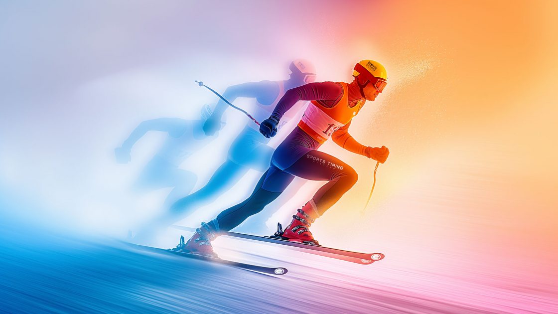 STS skiing imagery in the shared cyan and orange style