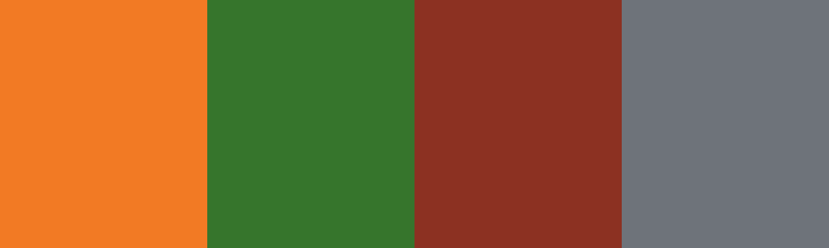 Four-color swatch preview for 365 Cultural Color Palettes #104, Avenue Of The Baobabs, Madagascar: Sunset Orange, Canopy Green, Laterite Red, Baobab Grey.