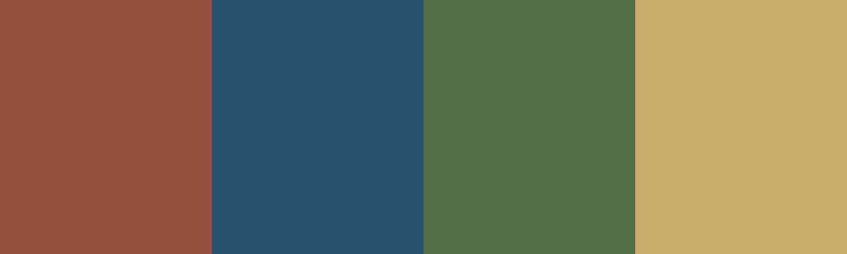 Four-color swatch preview for 365 Cultural Color Palettes #134, Corsica, France: Calanques Red, Corsican Blue, Maquis Green, Summer Grass.