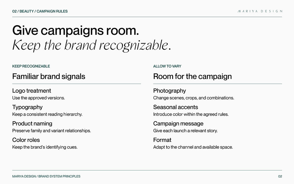 Two columns distinguish stable beauty-brand signals, including logo treatment, typography, product naming, and color roles, from flexible campaign photography, seasonal accents, messages, and formats.