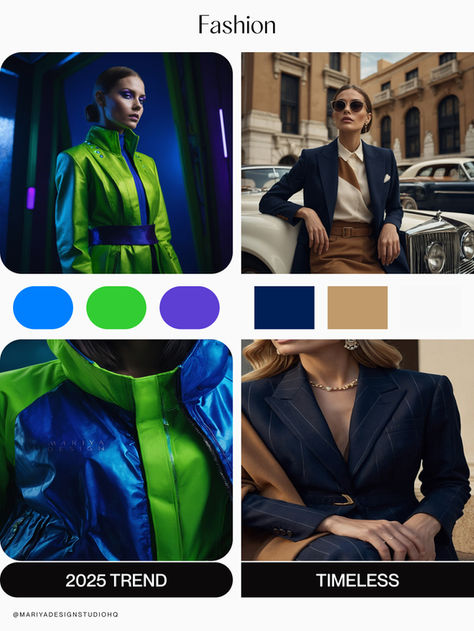 A visual guide to 2025 fashion color trends versus timeless palettes, demonstrating brand strategy for seasonal and core collections.