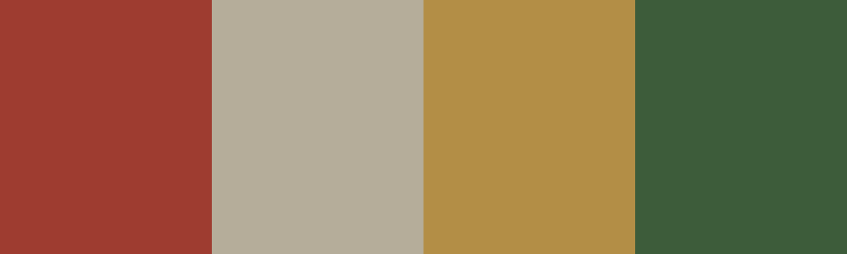 Four-color swatch preview for 365 Cultural Color Palettes #066, Bagan, Myanmar: Bagan Brick, Ancient Haze, Stupa Gold, Monastery Green.