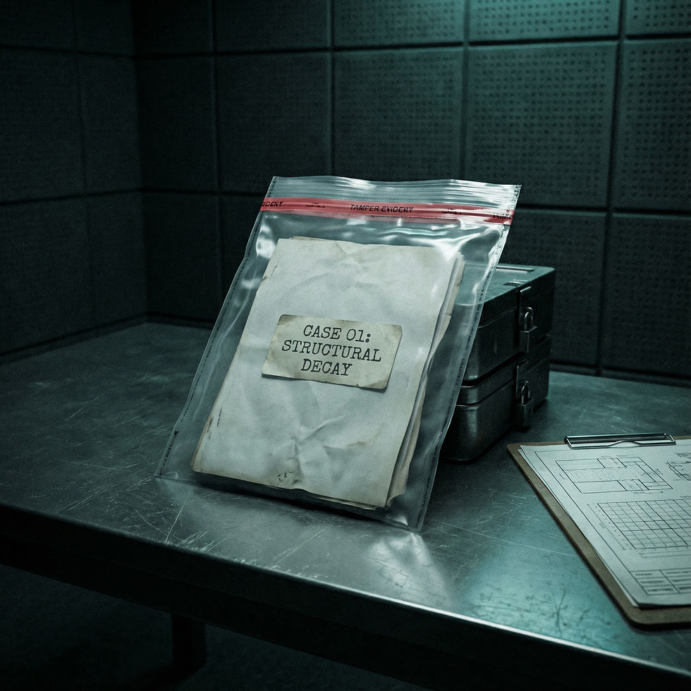 Forensic evidence bag containing The Brand Graveyard Diagnostic File 01 PDF, labeled 'Structural Decay', sitting on an indust