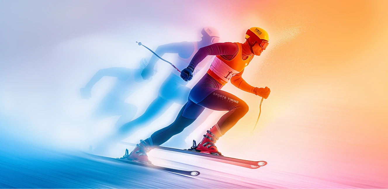 STS winter sports image with cyan and orange light and repeated skier movement