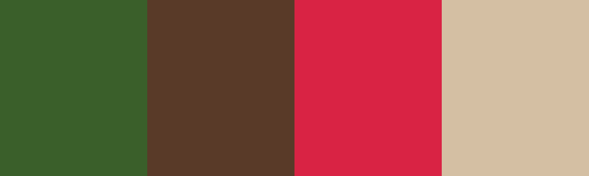Four-color swatch preview for 365 Cultural Color Palettes #038, Apia, Samoa: Hibiscus Green, Tapa Brown, Hibiscus Red, Tapa Bark.