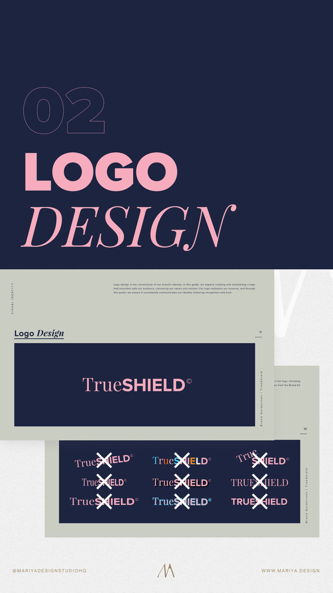 TrueSHIELD logo design and brand identity system showing typography and mark variations