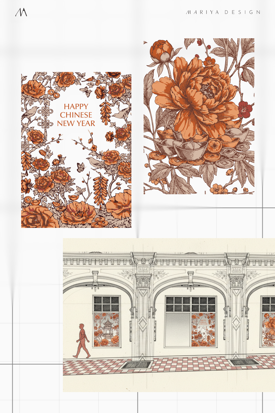 Seasonal retail artwork — Chinese New Year window artwork and the proposed storefront application.