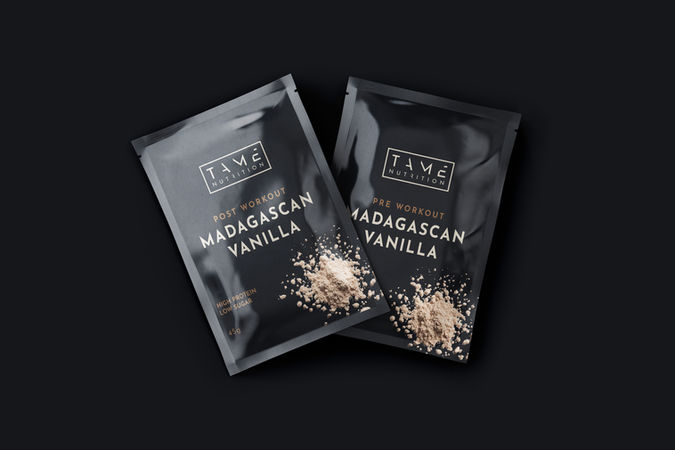 Tame Nutrition product sachet packaging showing consistent typography and color system