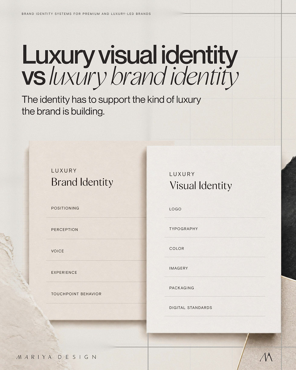 Comparison of luxury visual identity vs luxury brand identity, showing visual elements like logo, typography, color, imagery, packaging, and broader brand strategy components.