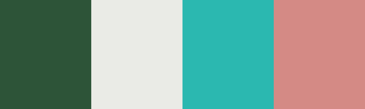 Four-color swatch preview for 365 Cultural Color Palettes #126, Isle Of Pines, New Caledonia: Pine Dark Green, Powder White, Lagoon Turquoise, Coral Pink.
