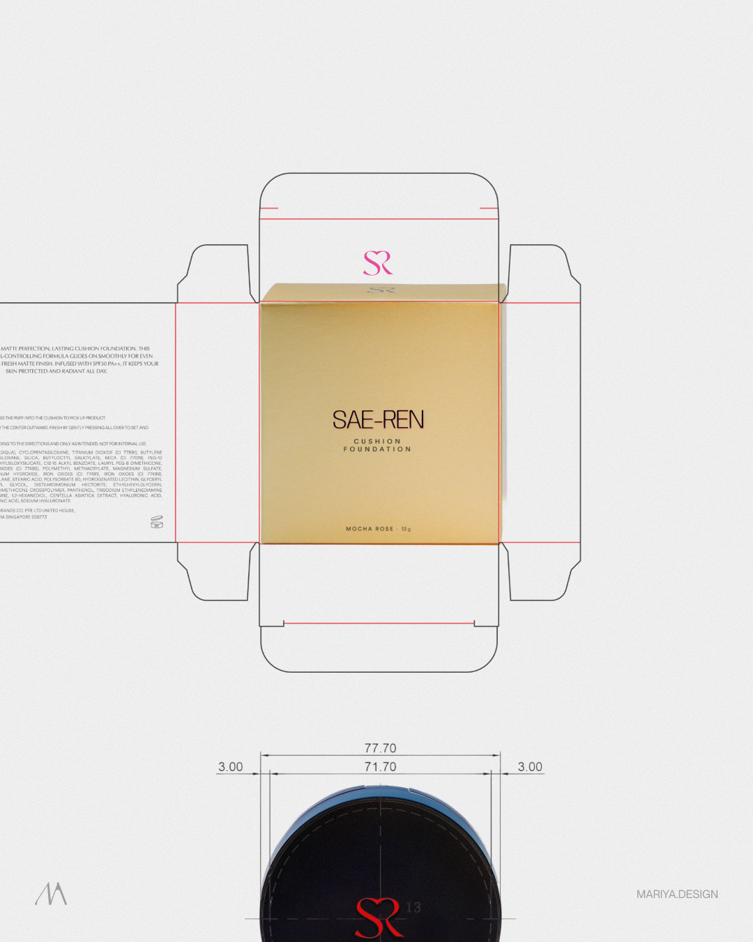 SAE-REN CAROUSEL 4x5 Slide 2: cushion foundation carton dieline and component dimensions