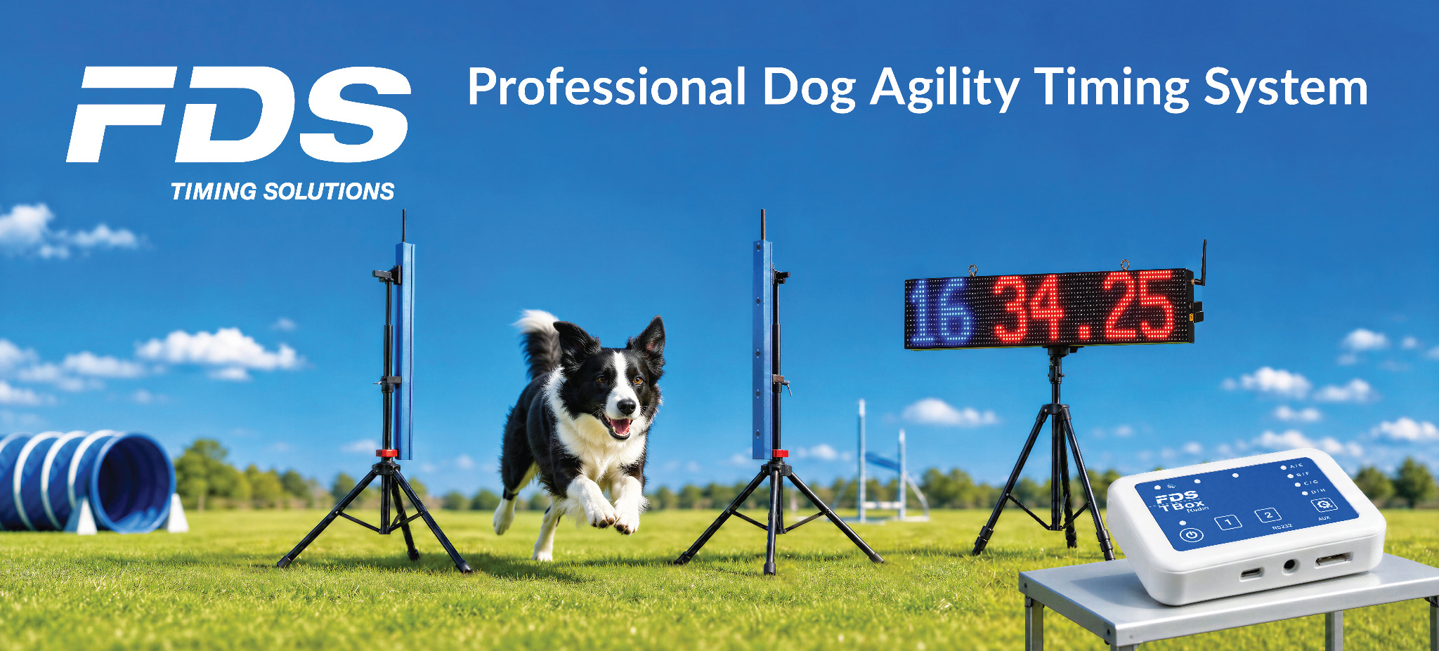 Completed FDS dog agility banner with aligned timing gates, dog, display and foreground TBox