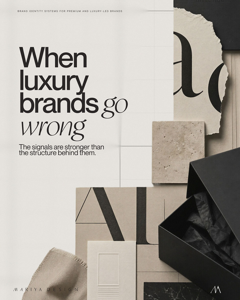 Luxury brand identity visual showing how luxury signals can feel forced when typography, packaging, materials, and visual style are stronger than the brand structure behind them.
