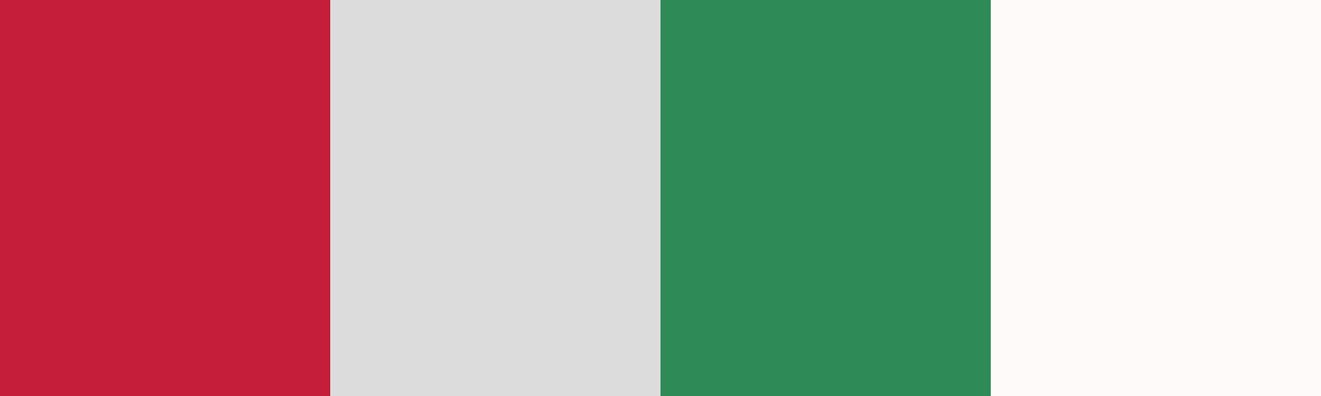 Four-color swatch preview for 365 Cultural Color Palettes #053, Bishkek, Kyrgyzstan: Shyrdak Red, Woolen Yurt Grey, Highland Green, Snow Peak.