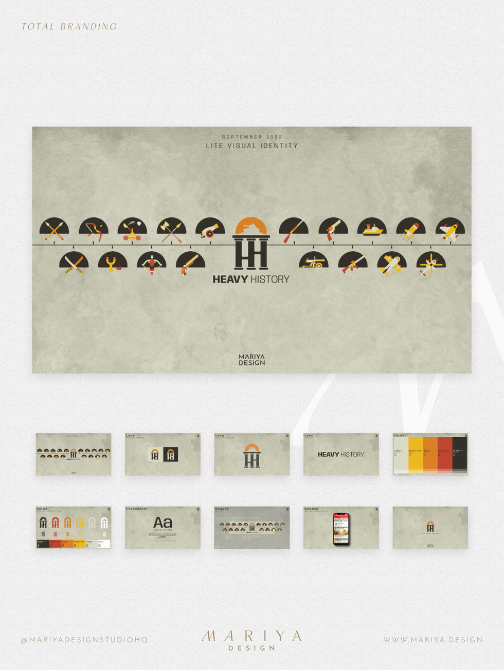 HeavyHistory brand overview — concept for a content series using custom illustrations and modular logo design.