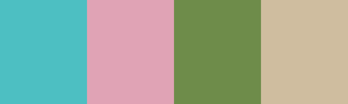 Four-color swatch preview for 365 Cultural Color Palettes #091, Exuma, Bahamas: Exuma Aqua, Pink Sand, Palm Frond, Conch Shell.