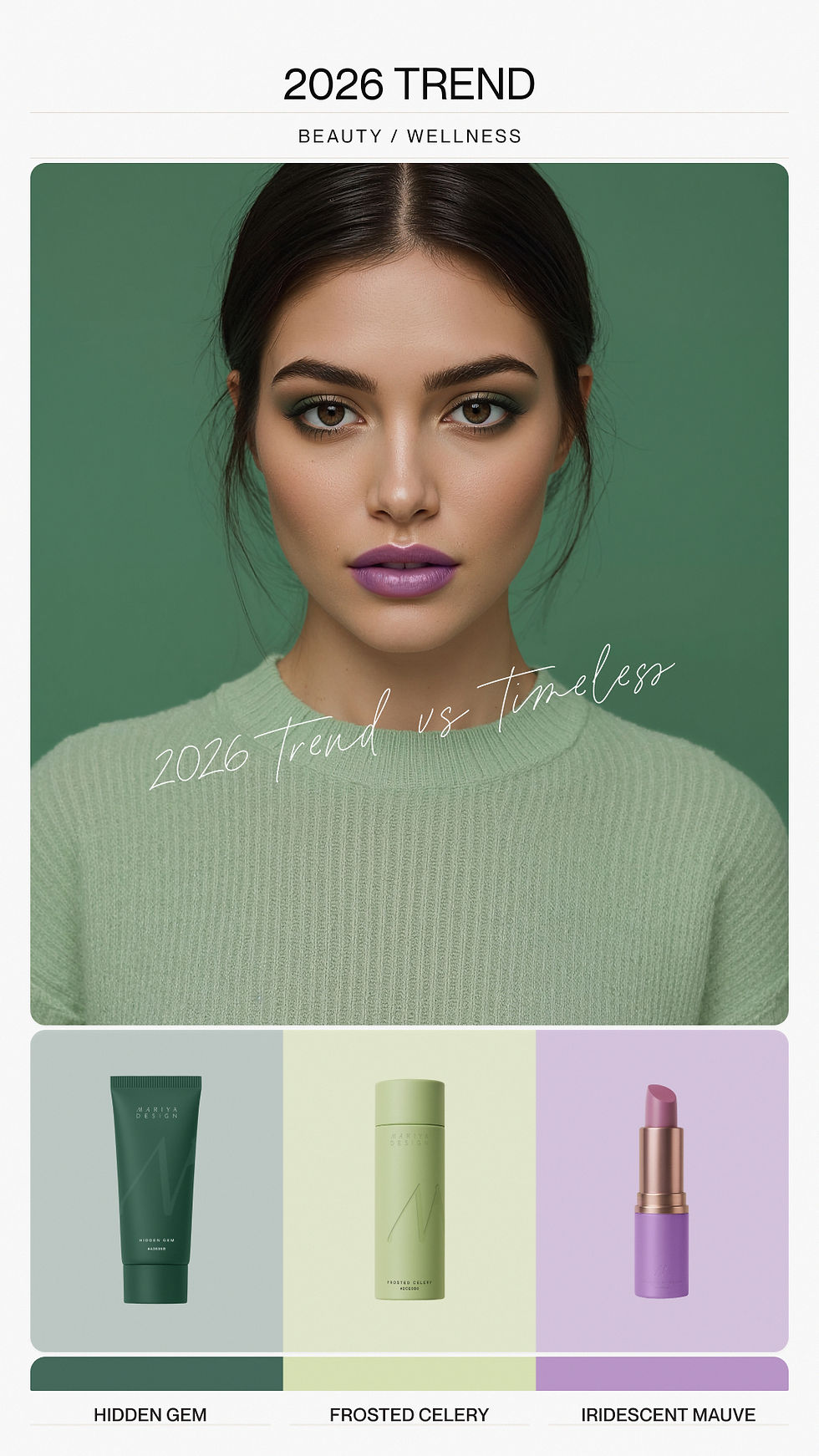 Product lineup showcasing 2026 beauty packaging trends, including a Hidden Gem green tube and Iridescent Mauve lipstick as part of a modern brand strategy.