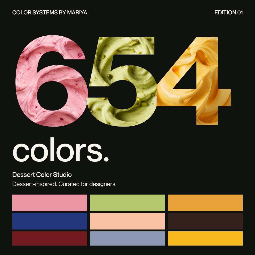 654 Dessert Colors by Dessert Color Studio: textured numbers and curated color swatches.