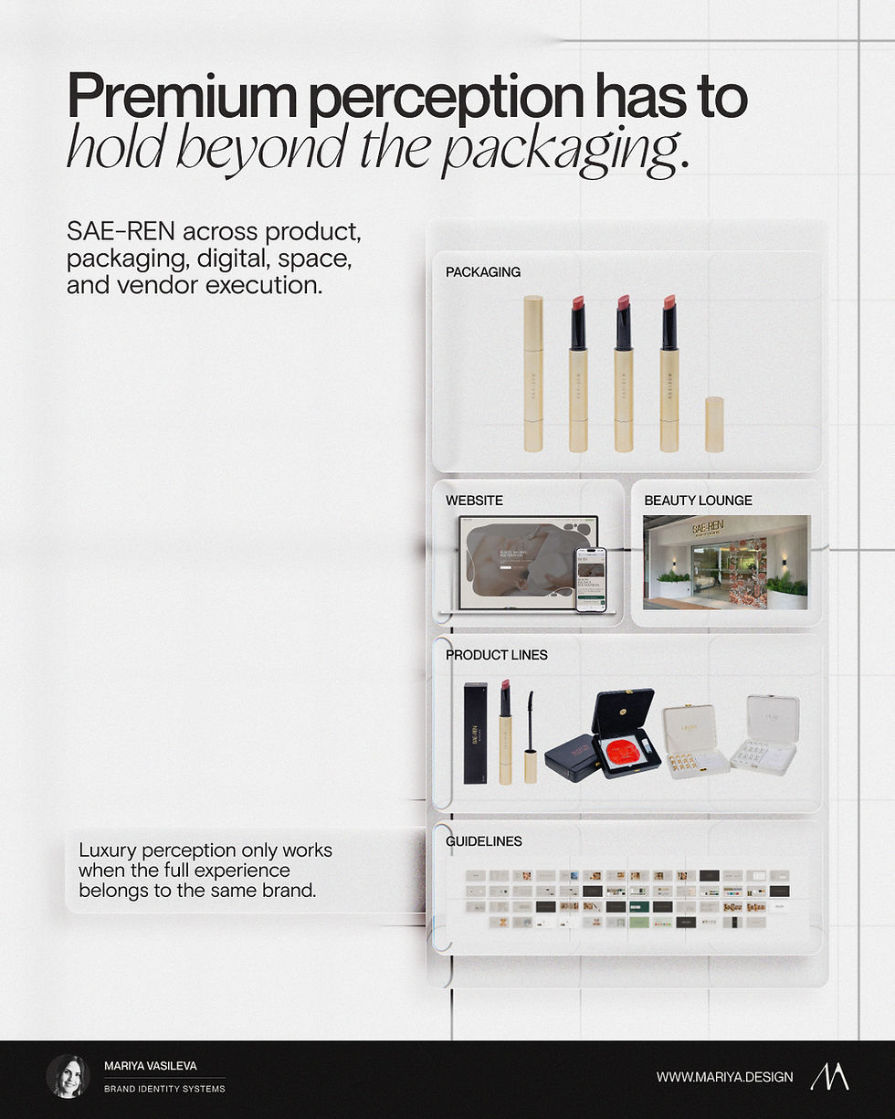SAE-REN luxury beauty identity system shown across packaging, product lines, website, beauty lounge, and vendor execution.