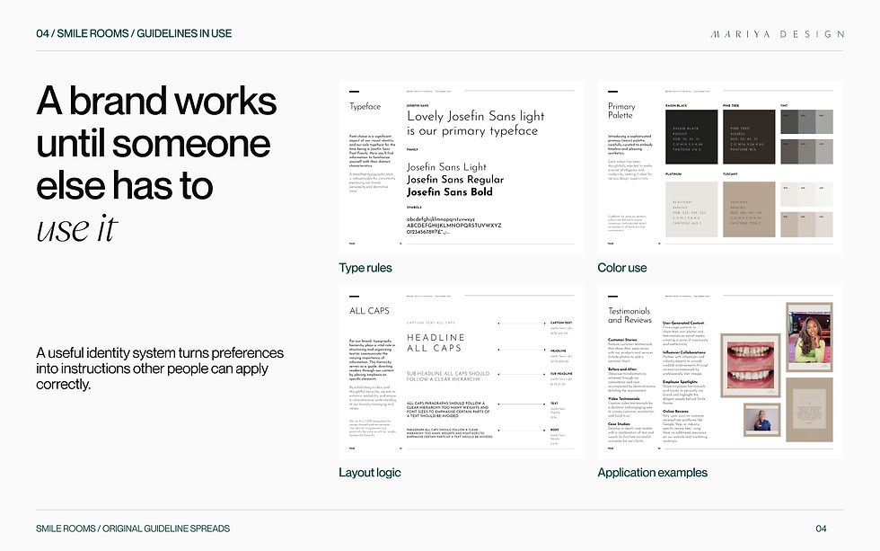 Smile Rooms brand guidelines showing typeface rules, primary colors and tints, typography hierarchy, and application examples.