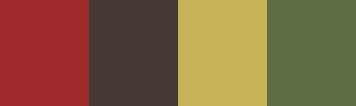 Four-color swatch preview for 365 Cultural Color Palettes #069, Kyoto, Japan: Momiji Red, Temple Wood, Leaf Gold, Garden Moss.