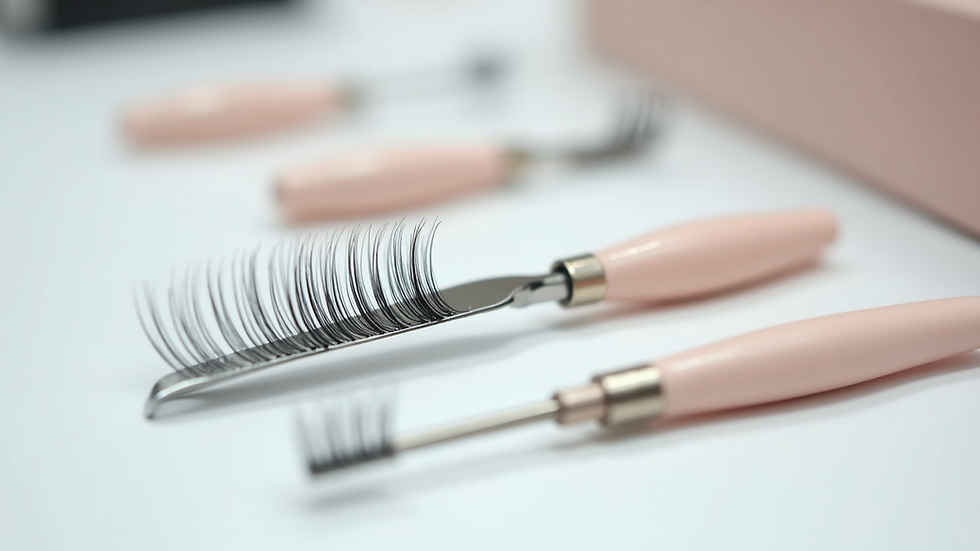 Close-up view of eyelash extension tools neatly arranged on a white surface