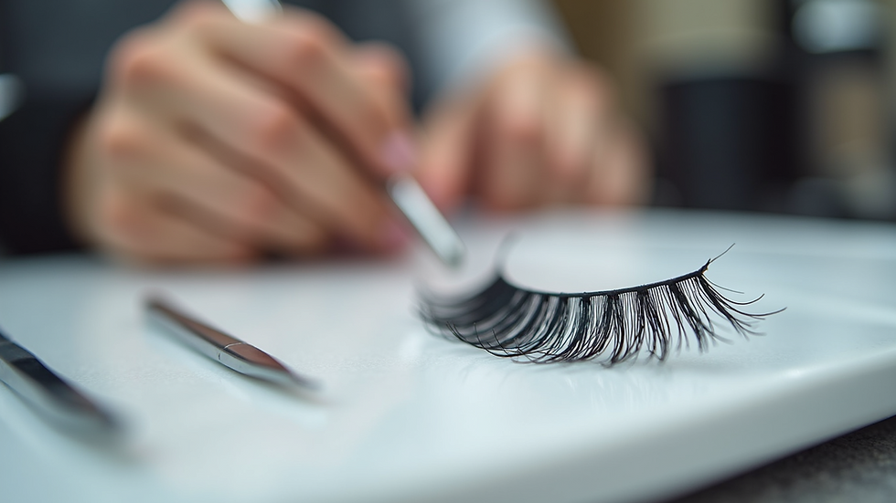 Close-up view of eyelash extension tools on a clean salon table