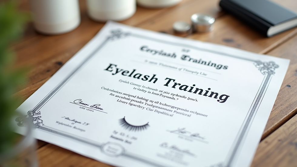 High angle view of a certificate of completion for eyelash training on a wooden desk