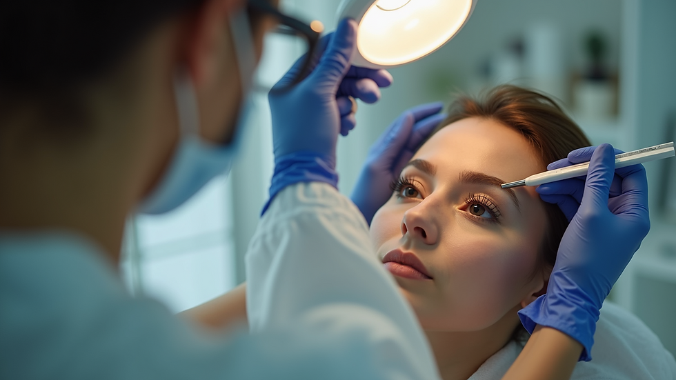 Eye-level view of a technician applying eyelash extensions in a salon