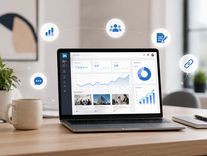 Laptop auf einem Schreibtisch mit Social-Media-Analytics-Dashboard, Wachstumsgrafiken und Symbolen für Zielgruppe, Content, Engagement und Website-Verlinkung.