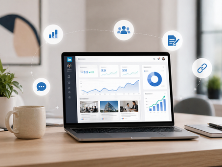 Laptop auf einem Schreibtisch mit Social-Media-Analytics-Dashboard, Wachstumsgrafiken und Symbolen für Zielgruppe, Content, Engagement und Website-Verlinkung.