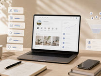 Helles Arbeitsumfeld mit Laptop, Notizbuch, Smartphone, Kaffeetasse und Pflanzen. Auf dem Laptop ist eine abstrahierte Social-Media-Oberfläche zu sehen. Daneben zeigen schwebende Icons, Analyse-Kacheln und ein Funnel-Symbol den Weg von Reichweite und Profilbesuchen hin zu Kontaktanfragen. Das Bild visualisiert, warum Social-Media-Sichtbarkeit allein nicht ausreicht und Profil, Content, Website und Angebot zusammenwirken müssen.