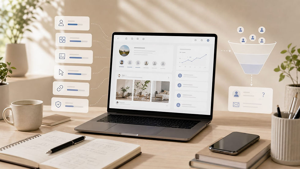 Helles Arbeitsumfeld mit Laptop, Notizbuch, Smartphone, Kaffeetasse und Pflanzen. Auf dem Laptop ist eine abstrahierte Social-Media-Oberfläche zu sehen. Daneben zeigen schwebende Icons, Analyse-Kacheln und ein Funnel-Symbol den Weg von Reichweite und Profilbesuchen hin zu Kontaktanfragen. Das Bild visualisiert, warum Social-Media-Sichtbarkeit allein nicht ausreicht und Profil, Content, Website und Angebot zusammenwirken müssen.